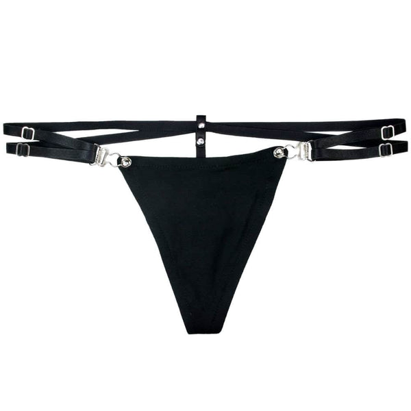String harnais noir minimaliste avec ceintures fines et fermetures de porte-jarretelles.