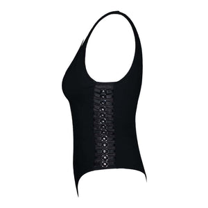 Body noir élégant vu de profil avec des détails lacés sur les côtés vendu par Brigade Mondaine.
