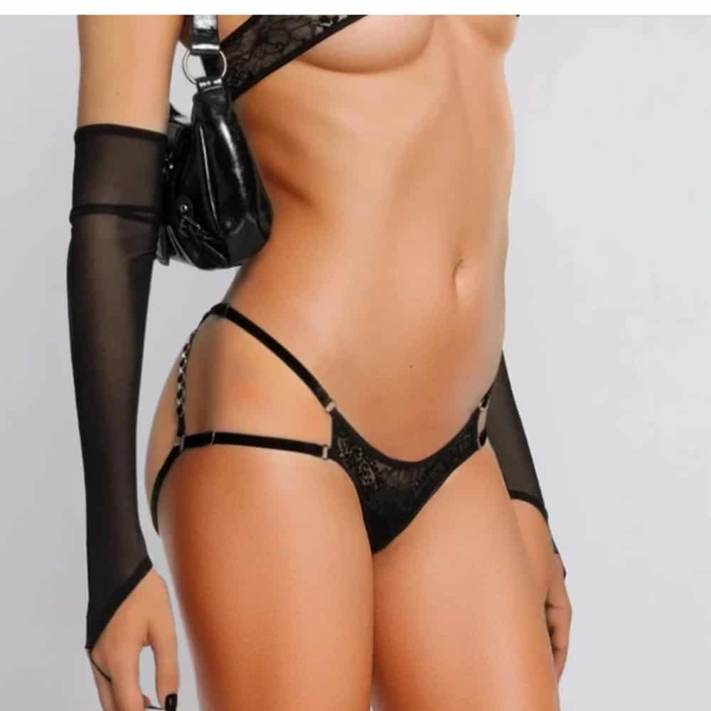Culotte harnais MAX Lash Me Tender en dentelle recyclée et velours, réglable, avec gousset en coton biologique GOTS, power mesh, lingerie non genrée et durable.