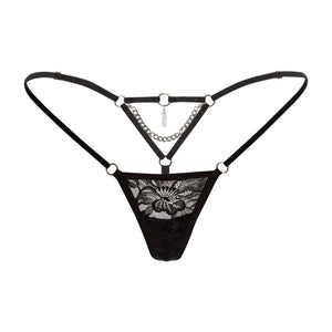 Packshot String Dentelle et Velour Noir avec Détailm Chaînes et Charms Argenté