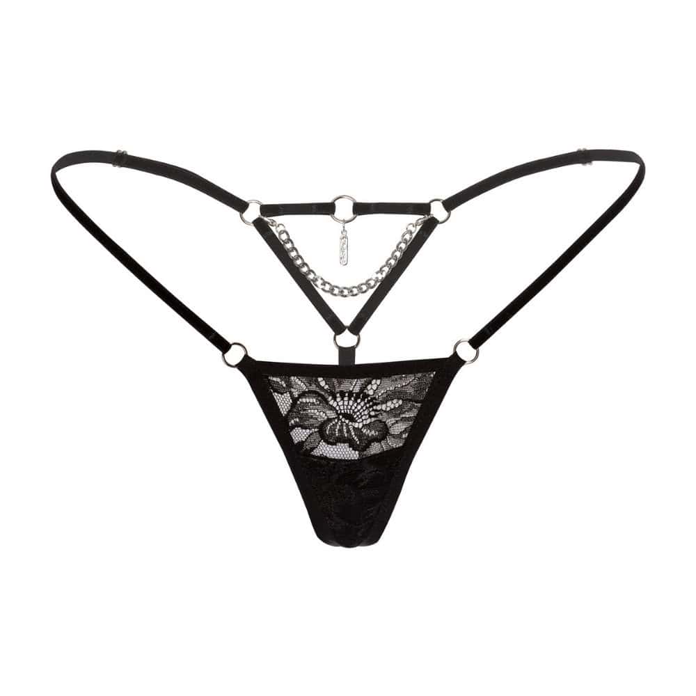 Packshot String Dentelle et Velour Noir avec Détailm Chaînes et Charms Argenté