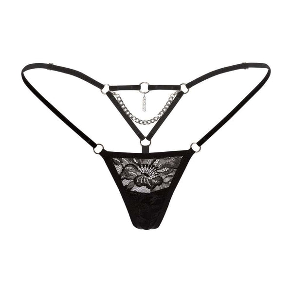 Packshot String Dentelle et Velour Noir avec Détailm Chaînes et Charms Argenté
