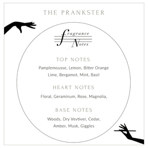Description de la bougie Prankster à base de pamplemousse, citron, orange amère lime, bergamote, menthe et basilic.