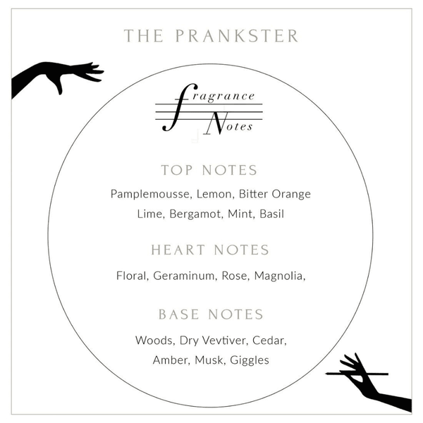 Description de la bougie Prankster à base de pamplemousse, citron, orange amère lime, bergamote, menthe et basilic.