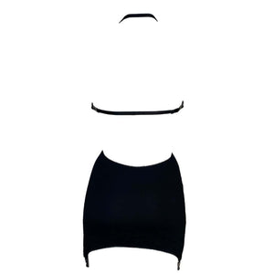 Robe Hedone en jersey doux extensible, découpes audacieuses devant, dos plongeant, liens réglables au cou et dos, clips porte-jarretelles intégrés pour un style modulable.