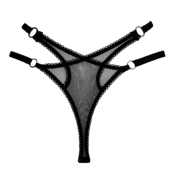 String Selene en tulle croisé avec élastique picot, anneaux argentés, côtés réglables et attaches porte-jarretelles. Silhouette légère et graphique. LETHE Intimates.