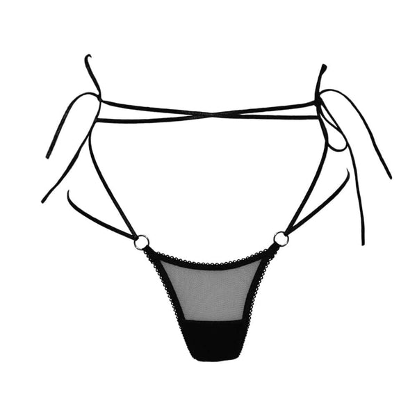 String Ione en maille transparente avec élastique picot, liens spaghetti croisés à la taille, anneaux métalliques argentés, édition limitée, ajustement personnalisé.