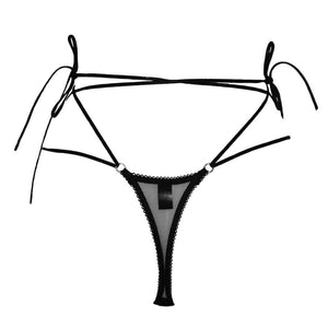 String Ione en maille transparente avec élastique picot, liens spaghetti croisés à la taille, anneaux métalliques argentés, édition limitée, ajustement personnalisé.