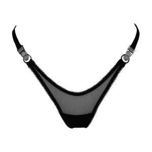 String Eos en maille noire translucide avec élastique picot, anneaux argentés et côtés réglables pour un maintien parfait.