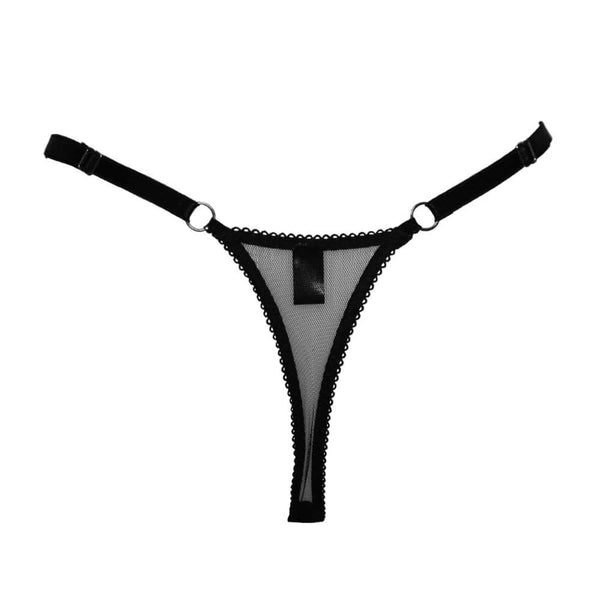String Eos en maille noire translucide avec élastique picot, anneaux argentés et côtés réglables pour un maintien parfait.