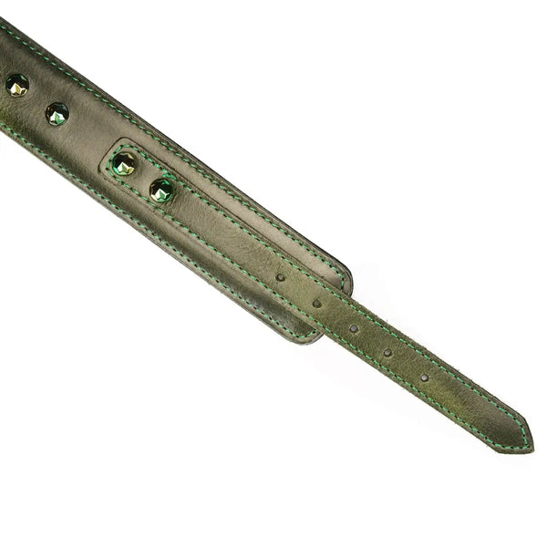 Collier laisse en cuir vert de la marque Liebe Seele, avec rivets décoratifs, boucle réglable et anneau métallique doré, présenté sur fond clair dans l’univers Brigade Mondaine Paris.
