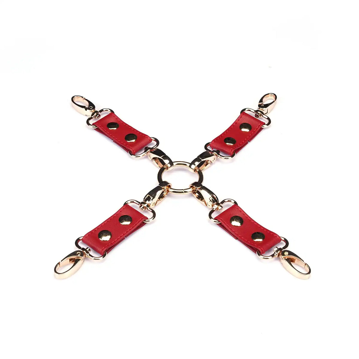 Hogtie Crimson Desire de la marque Liebe Seele, composé de sangles en cuir rouge reliées par un anneau central et des mousquetons dorés, présenté sur fond clair dans l’univers Brigade Mondaine Paris.