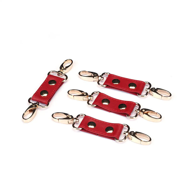 Hogtie Crimson Desire de la marque Liebe Seele, composé de sangles en cuir rouge reliées par un anneau central et des mousquetons dorés, présenté sur fond clair dans l’univers Brigade Mondaine Paris.