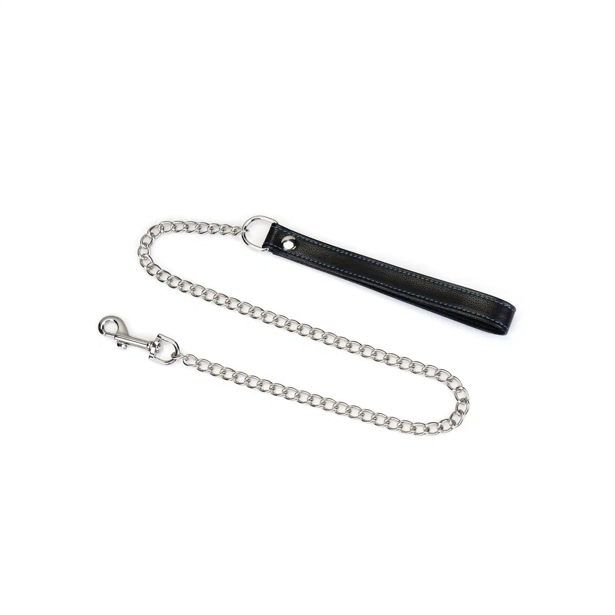 Collier laisse Denim LIEBE SEELE en cuir noir et bleu avec chaîne métallique et poignée assortie, présenté à plat sur fond blanc, vue produit détaillée