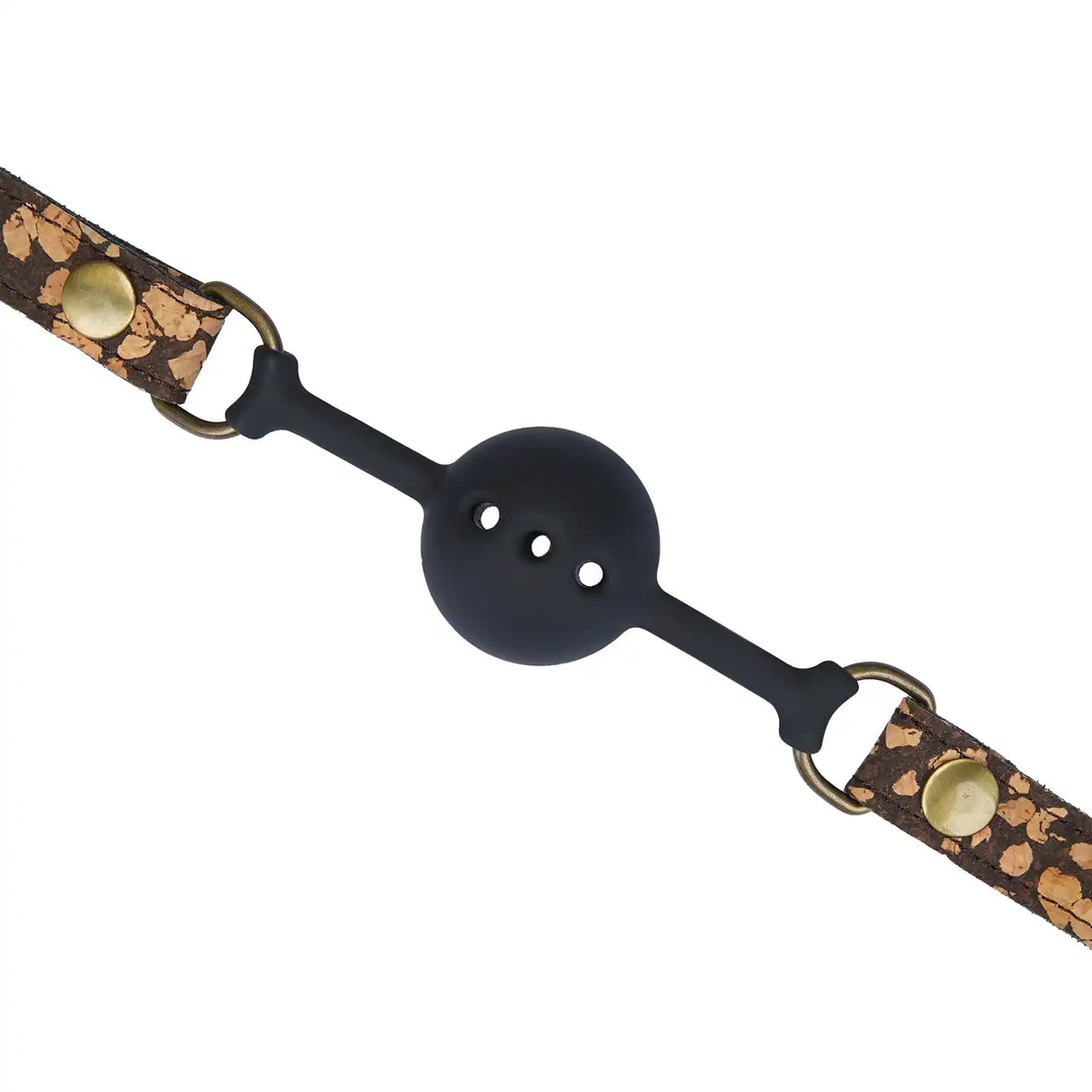 Ball gag café LIEBE SEELE avec sangle en liège naturel et boule en silicone noir, réglable, présenté sur fond blanc