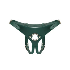 Strap-On en cuir Mossy Chic LIEBE SEELE avec harnais ajustable, boucles métalliques et finitions soignées, présenté à plat sur fond blanc en vue produit détaillée