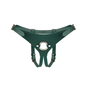 Strap-On en cuir Mossy Chic LIEBE SEELE avec harnais ajustable, boucles métalliques et finitions soignées, présenté à plat sur fond blanc en vue produit détaillée