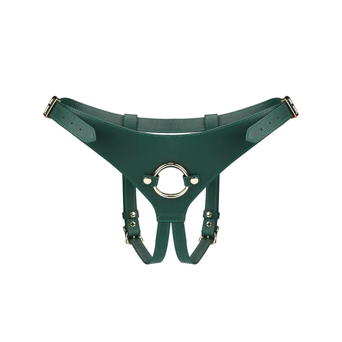 Strap-On en cuir Mossy Chic LIEBE SEELE avec harnais ajustable, boucles métalliques et finitions soignées, présenté à plat sur fond blanc en vue produit détaillée