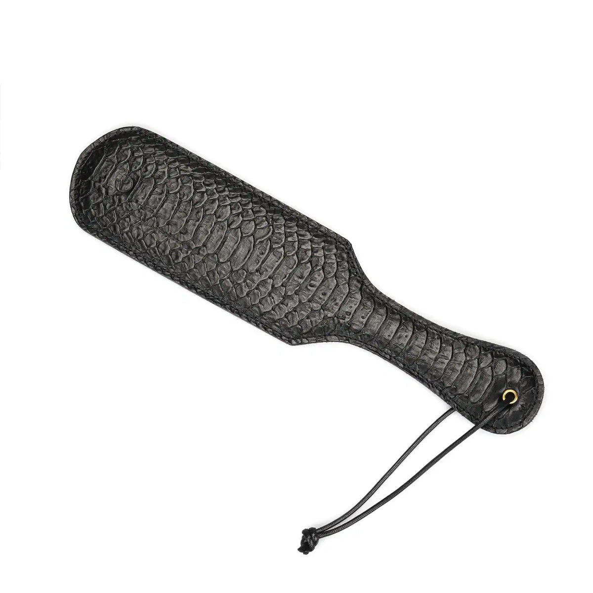 Paddle en cuir embossé croco noir LIEBE SEELE avec dragonne, présenté sur fond blanc