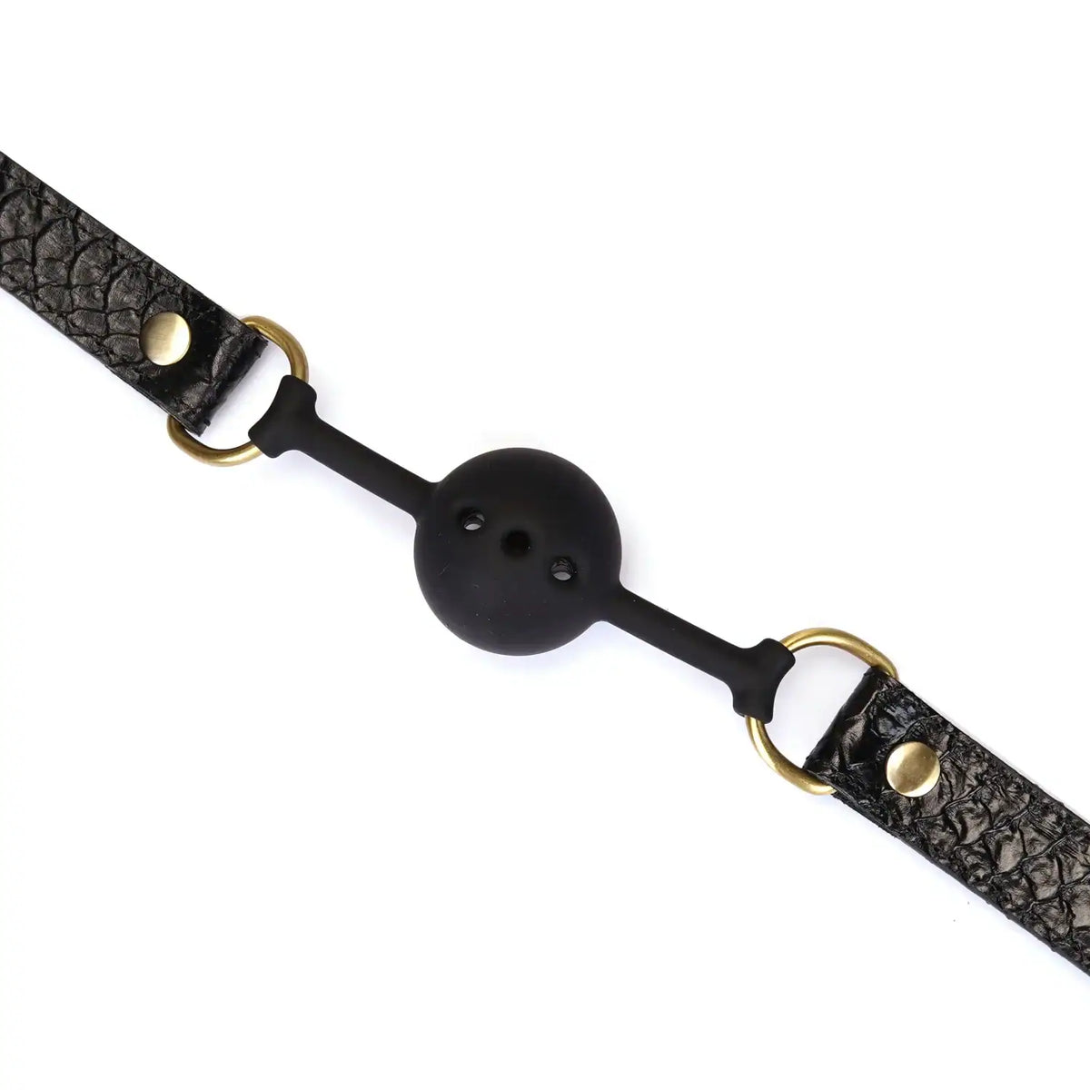 Gag boule en cuir embossé croco noir LIEBE SEELE avec boule en silicone noire et bouclerie dorée, présenté sur fond blanc