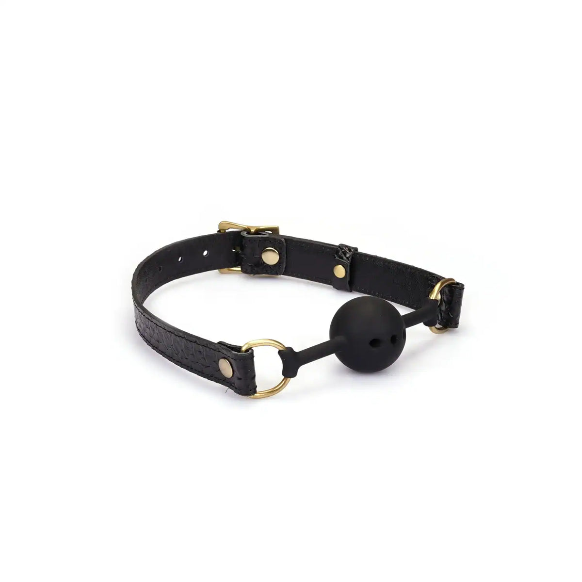 Gag boule en cuir embossé croco noir LIEBE SEELE avec boule en silicone noire et bouclerie dorée, présenté sur fond blanc