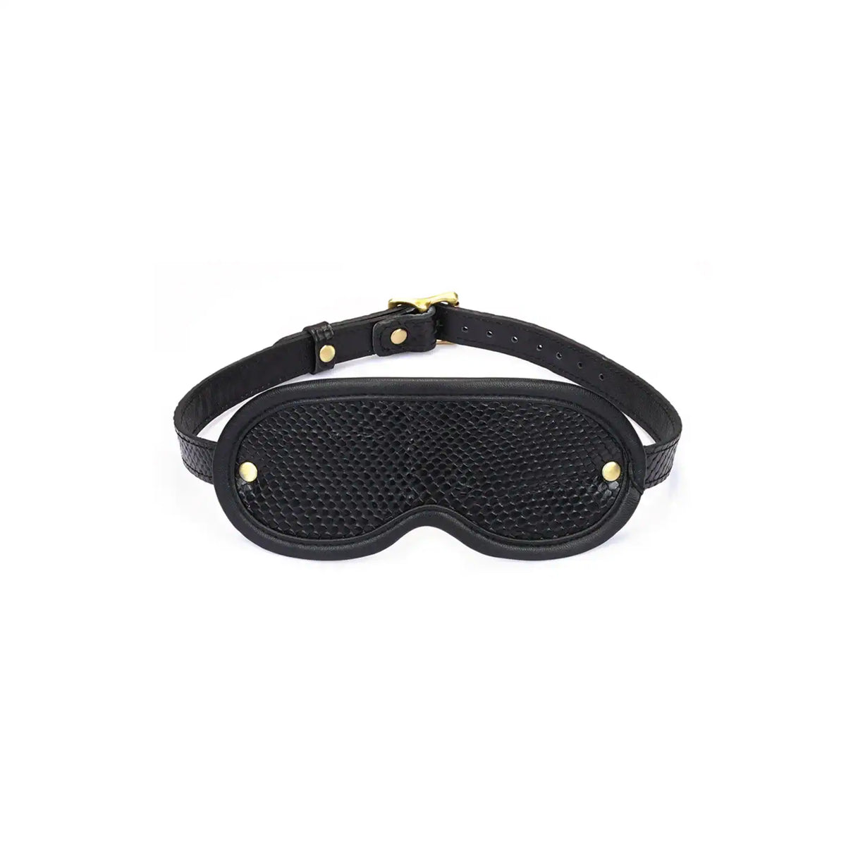 Bandeau pour les yeux en cuir embossé croco noir LIEBE SEELE avec sangle réglable et boucle dorée, présenté sur fond blanc