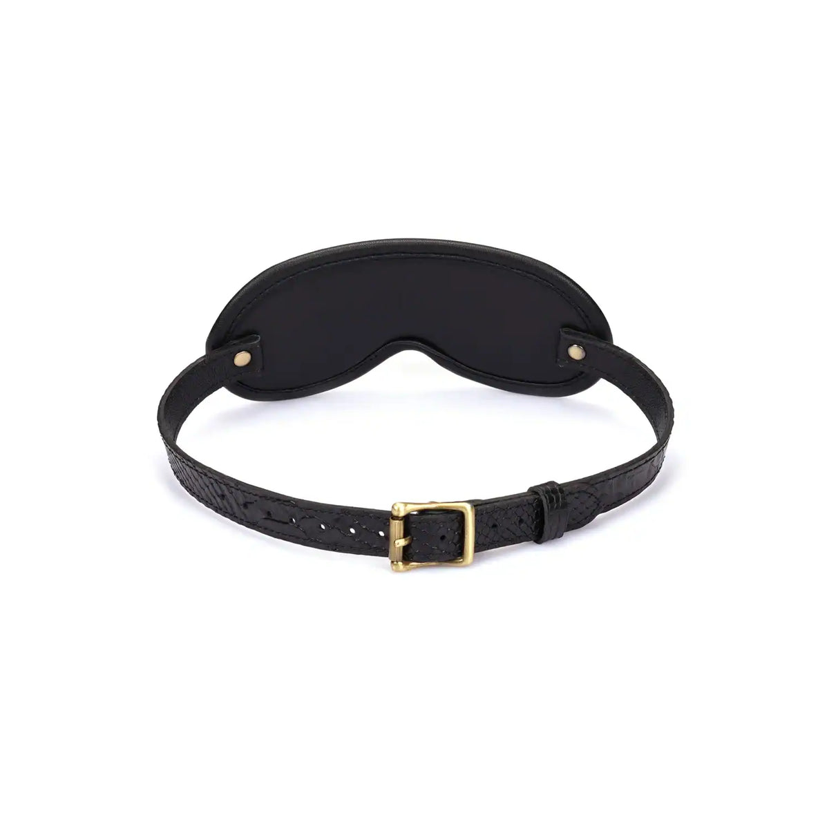 Bandeau pour les yeux en cuir embossé croco noir LIEBE SEELE avec sangle réglable et boucle dorée, présenté sur fond blanc