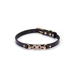 Choker Ajustable en simili cuir noir brillant nœud central en métal doré strass décoratifs