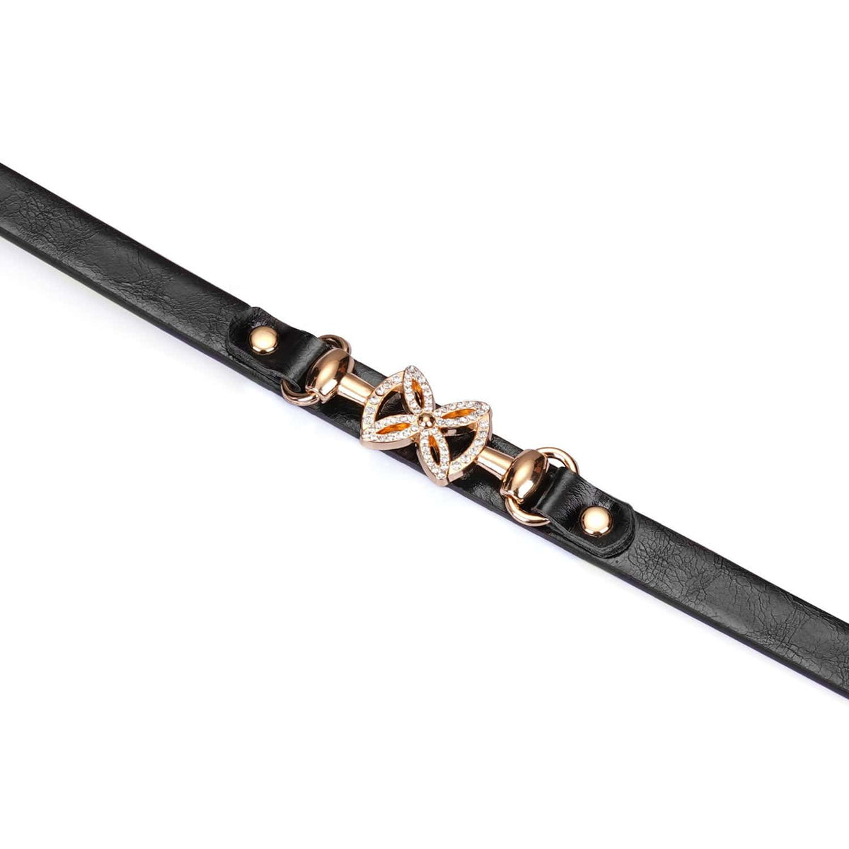 Choker Ajustable en simili cuir noir brillant nœud central en métal doré strass décoratifs