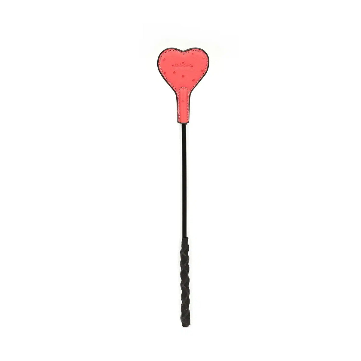 Cravache Angel’s Kiss LIEBE SEELE avec tête en forme de cœur rose et manche noir texturé, présentée sur fond blanc