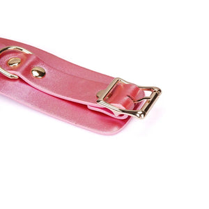 Menottes Lustre Rosa LIEBE SEELE en cuir rose lisse avec rivets métalliques dorés et sangle réglable, présentées sur fond blanc