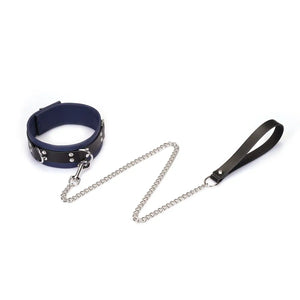 Set Collier Cerulean LIEBE SEELE en cuir bleu avec collier ajustable, laisse amovible en chaîne métallique argentée et poignée, présenté sur fond blanc en vue produit détaillée