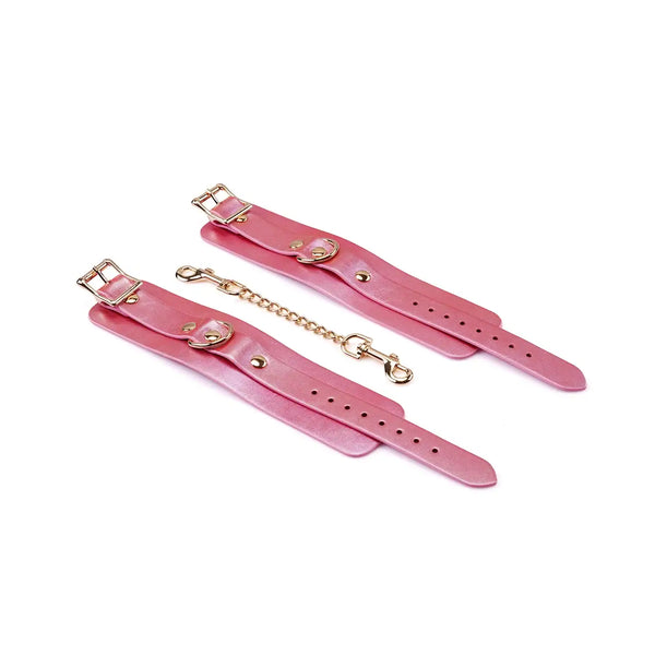 Menottes de poignet en cuir rose irisé avec boucles dorées et chaîne amovible Lustre Rosa