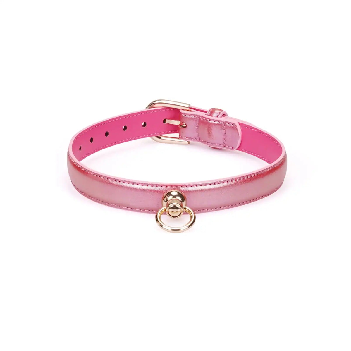 Set Collier Lustre Rosa en cuir rose brillant avec collier ajustable, chaîne métallique dorée et poignée assortie, présenté sur fond blanc en vue produit