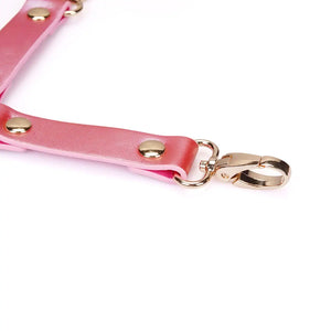 Hogtie Cuir Lustre Rosa LIEBE SEELE composé de sangles en cuir rose brillant avec rivets et mousquetons métalliques dorés, présenté à plat sur fond blanc