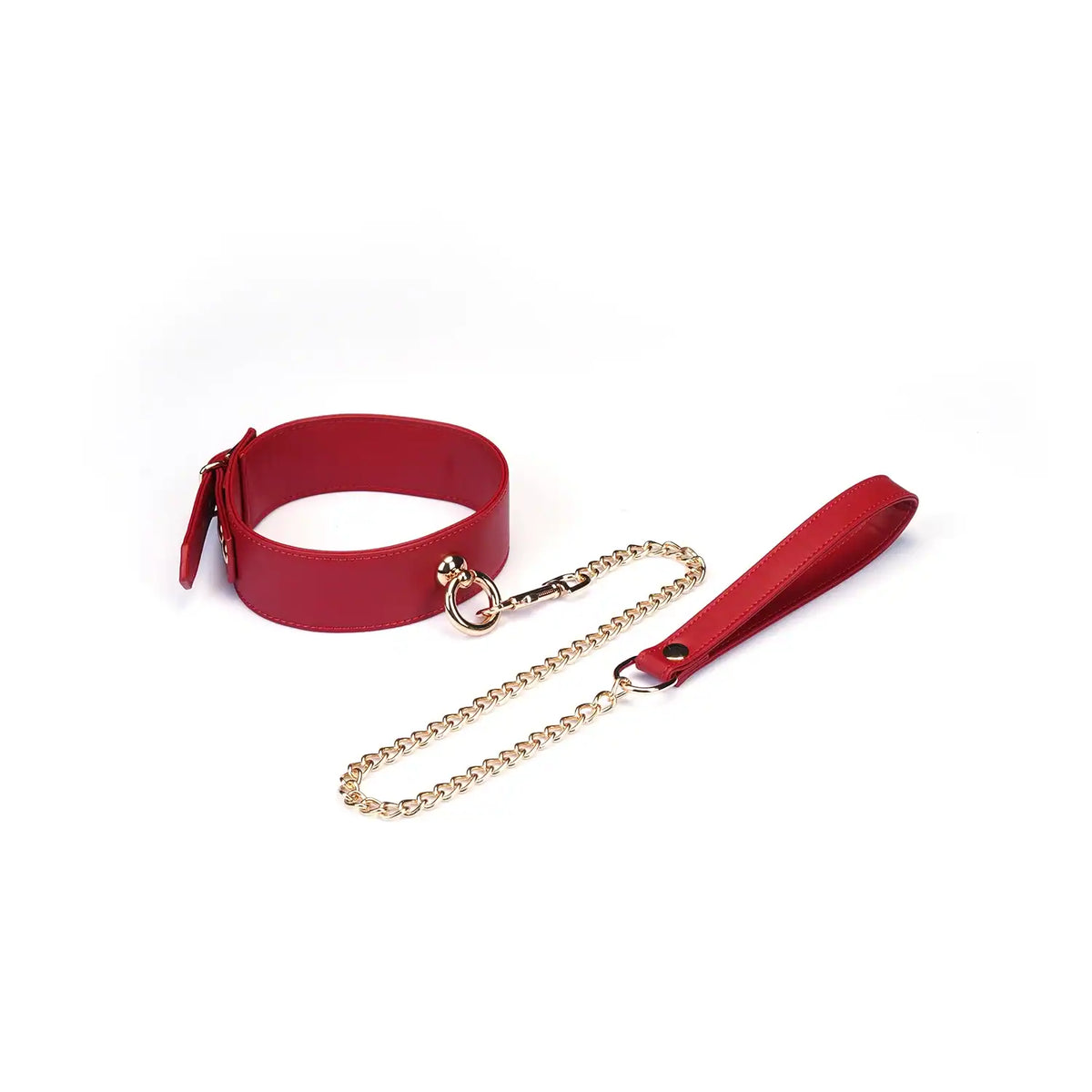Set Collier Crimson Desire LIEBE SEELE en cuir rouge avec collier ajustable, laisse amovible et chaîne métallique dorée, présenté sur fond blanc en vue produit détaillée