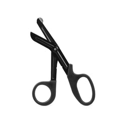 Ciseaux de sécurité BDSM noirs en métal avec bouts arrondis, accessoire de sécurité haut de gamme sélectionné par Brigade Mondaine, sur fond blanc.