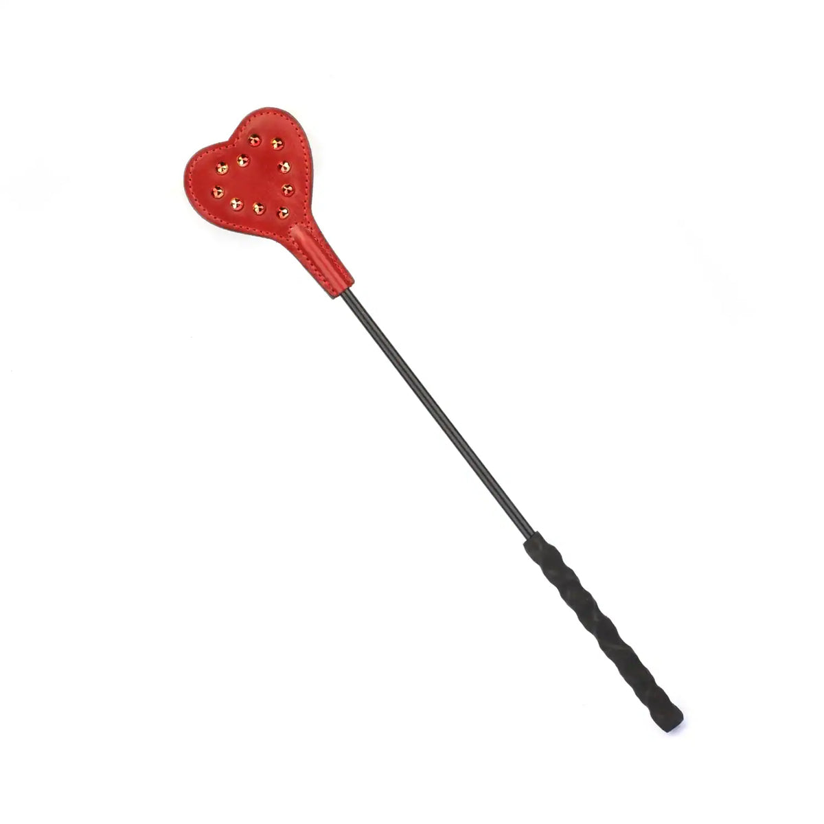 Cravache courte en cuir rouge avec tête en cœur et rivets métalliques rouges – Liebe Seele