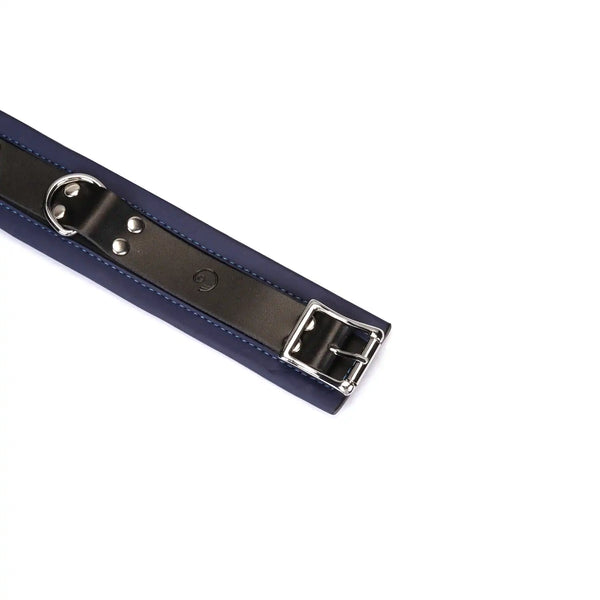 Set Collier Cerulean LIEBE SEELE en cuir bleu avec collier ajustable, laisse amovible en chaîne métallique argentée et poignée, présenté sur fond blanc en vue produit détaillée