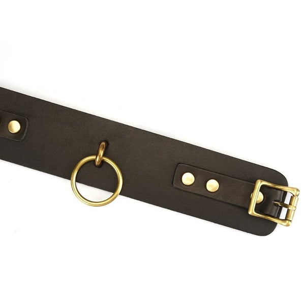 Détail du Packshot de Menottes en Cuir couleur Marron avec Lien en Cuir et Métal Doré Mis à Plat