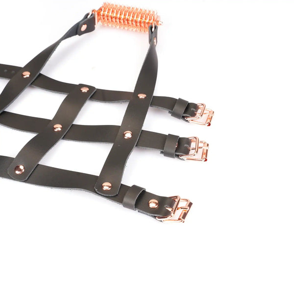 Harnais de chevilles en cuir noir LIEBE SEELE avec sangles réglables, boucles métalliques et roulette intégrée, présenté sur fond blanc, vue produit détaillée
