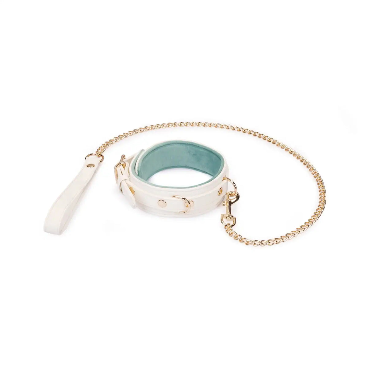 Collier laisse Boudoir Amor de la marque Liebe Seele, en cuir clair avec intérieur contrasté et chaîne métallique dorée, présenté à plat sur fond clair dans l’univers Brigade Mondaine Paris.
