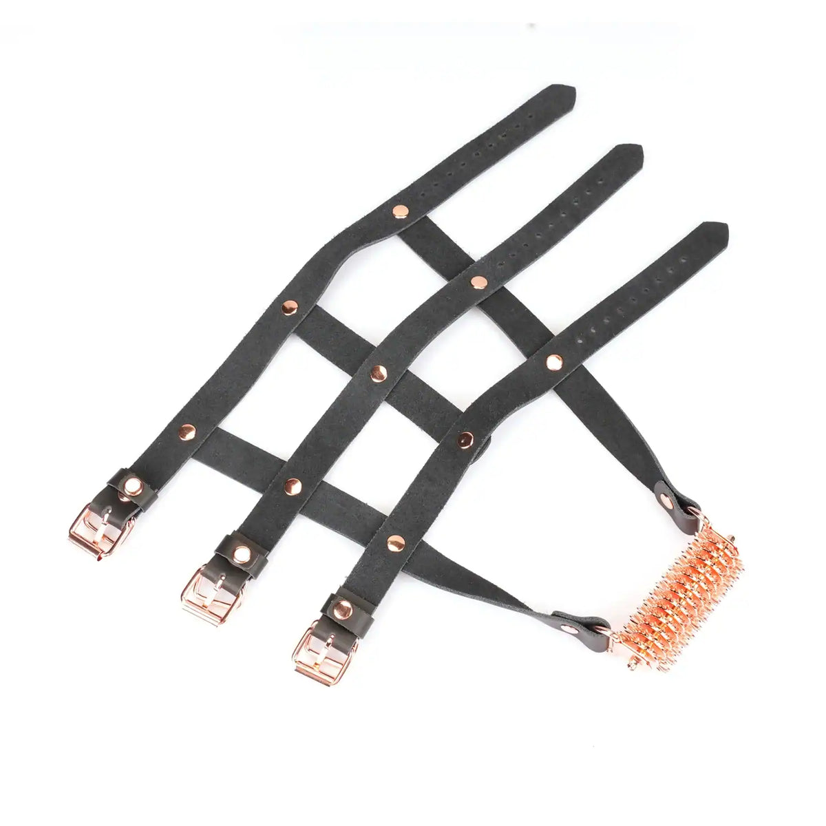 Harnais de chevilles en cuir noir LIEBE SEELE avec sangles réglables, boucles métalliques et roulette intégrée, présenté sur fond blanc, vue produit détaillée