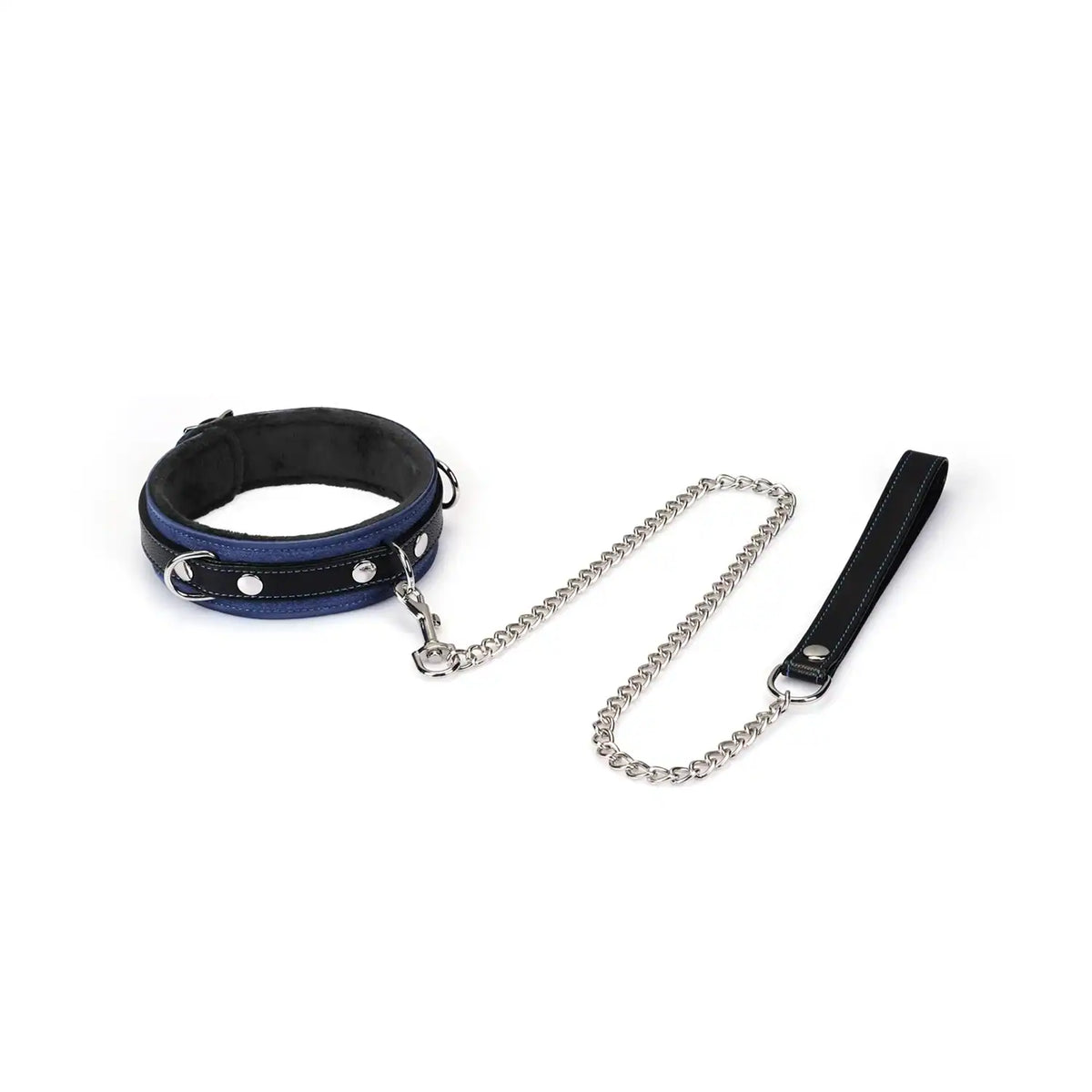 Collier laisse Denim LIEBE SEELE en cuir noir et bleu avec chaîne métallique et poignée assortie, présenté à plat sur fond blanc, vue produit détaillée