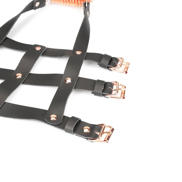 Harnais de chevilles en cuir noir LIEBE SEELE avec sangles réglables, boucles métalliques et roulette intégrée, présenté sur fond blanc, vue produit détaillée