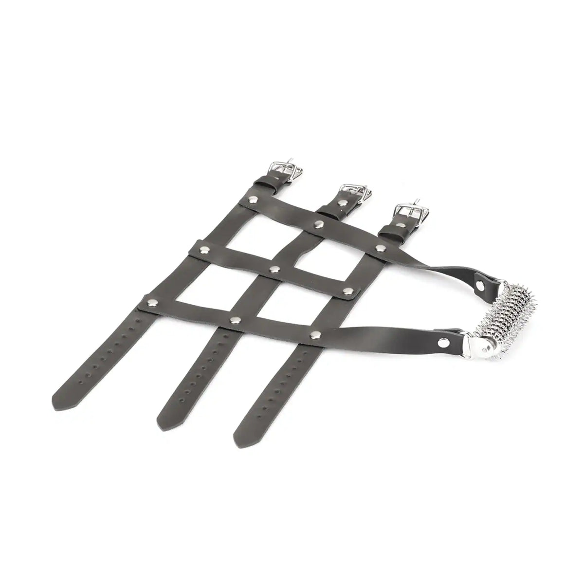 Harnais de chevilles en cuir noir LIEBE SEELE avec sangles réglables, boucles métalliques et roulette intégrée, présenté sur fond blanc, vue produit détaillée