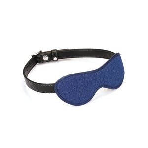 Bandeau Denim LIEBE SEELE en textile bleu avec sangle réglable en cuir noir et boucles métalliques, présenté à plat sur fond blanc, vue produit détaillée
