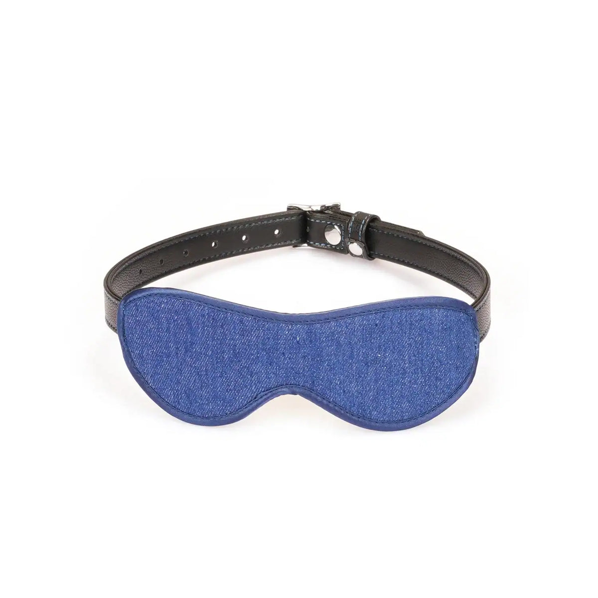 Bandeau Denim LIEBE SEELE en textile bleu avec sangle réglable en cuir noir et boucles métalliques, présenté à plat sur fond blanc, vue produit détaillée