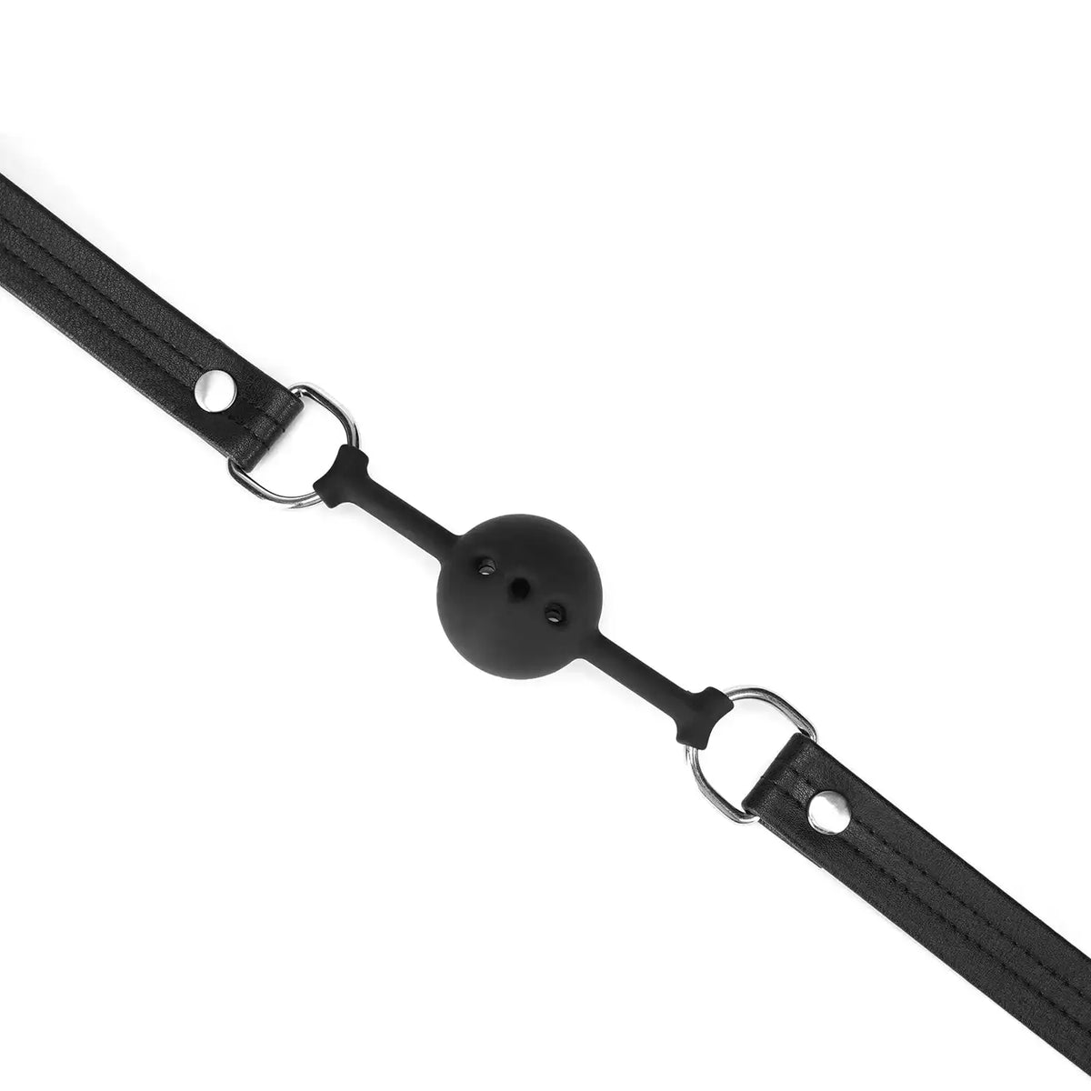 Bâillon-boule respirant de la collection Black Bond, avec une boule en silicone perforée pour un confort optimal. Sangles en cuir recyclé noir, pour une soumission intense et durable.