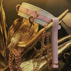 Collier BDSM FAIRY en cuir blanc et rose pastel avec laisse assortie en or rose. Confortable, ajustable et raffiné, cet accessoire bondage haut de gamme est disponible chez Brigade Mondaine.